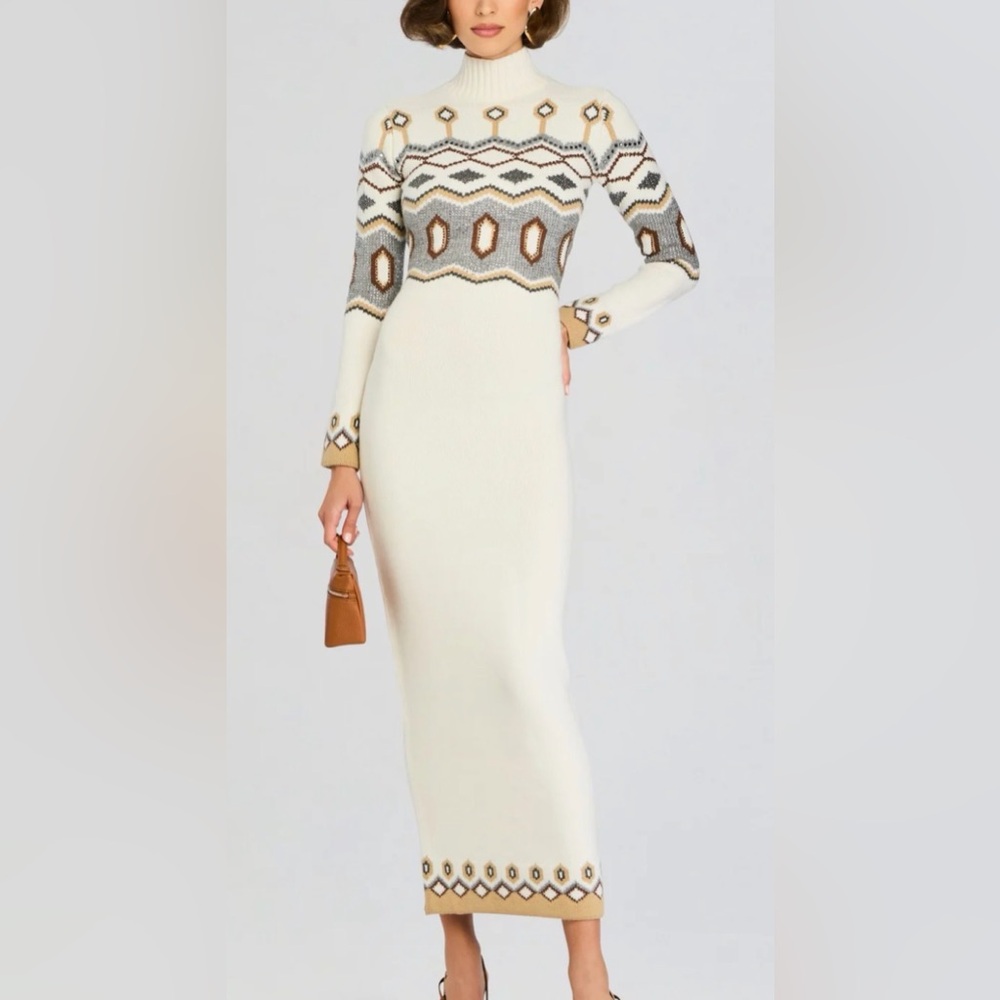 Retrofete Cream and Brown Geometric Knit Dress